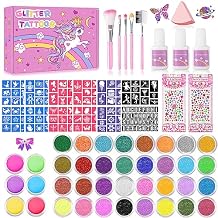 Temporary Glitter Tattoos Kids,32 Glitter Colors and 6 Fluorescent Colors,165 Stencils,2 diamond stickers,3 Glue,5 Brushes,1 Powder Puff,Adults and Kids Arts Glitter Kit,Holiday Gifts for Girls&Boys.