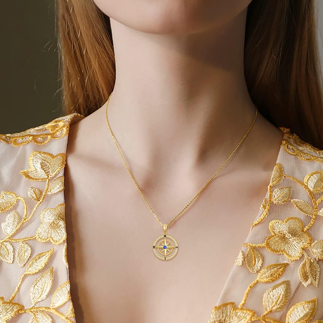 9k Echtgold Kompass Halskette für Damen,9ct/375 Gold Anhänger Halskette mit Zirkonia Frauen Schmuck Kompass Kette Geschenke Geburtstag Weihnachten 40+5 cm(Stil 2)