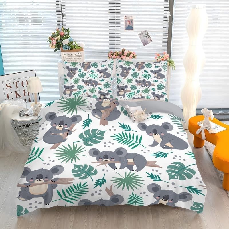 Housse de couette 240x260 feuille verte en microfibre avec ses 2 taies d'oreiller imprimées 3D