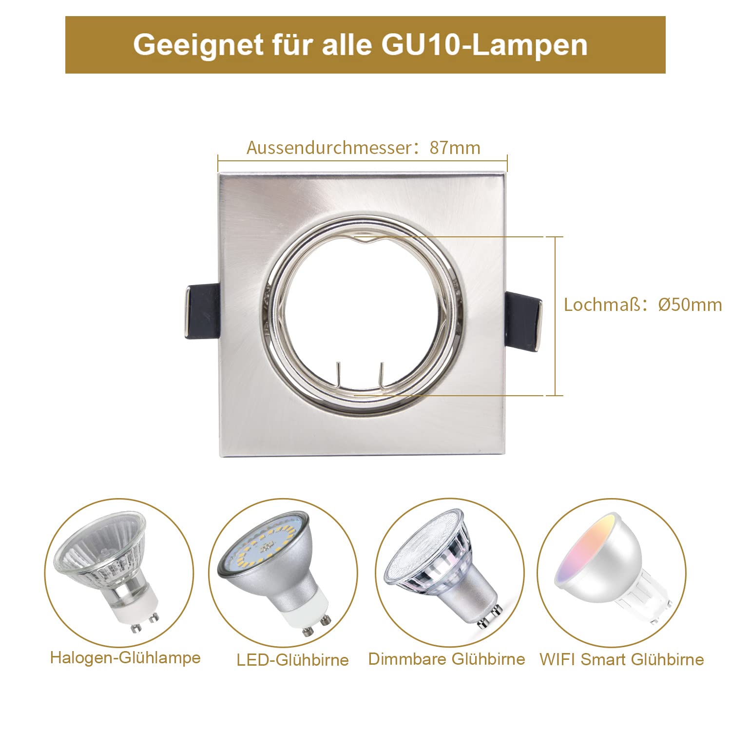 20x LED Einbaustrahler Rahmen GU10 Fassung 68mm Gebürstet Eckig | Einbaurahmen GU10 Rund Edelstahl Gebürstet Einbauspots Schwenkbar Deckenspots Wohnzimmer Schlafzimmer Küche Flur