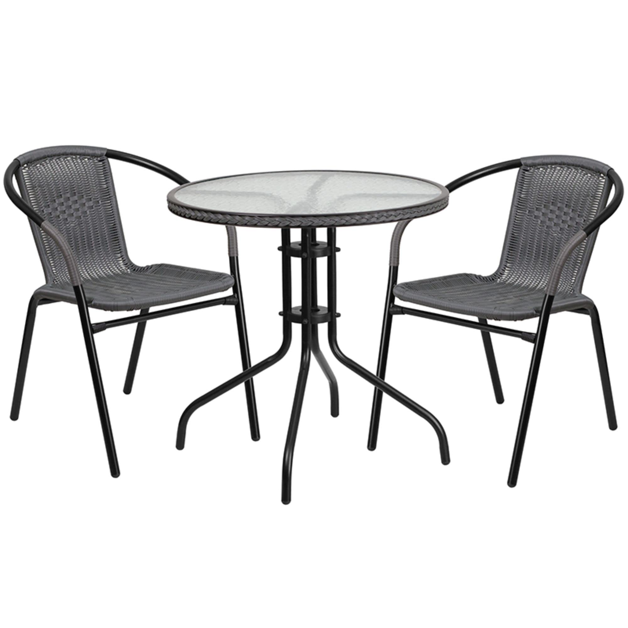 Offex 28'' Round Glass Metal Table with Gray Rattan Edging and 2 Gray Rattan Stack Chairs- INCOMPLETE 