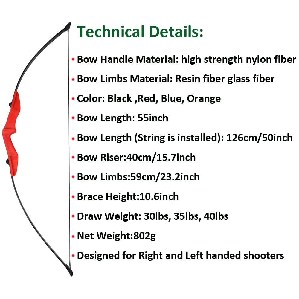 Arco Ricurvo e frecce Set 30lbs 35lbs 40lbs Arco Dritto con frecce in Fibra di Vetro Arco da Caccia con L'Arco a Arco Lungo per destrimani e Mancini