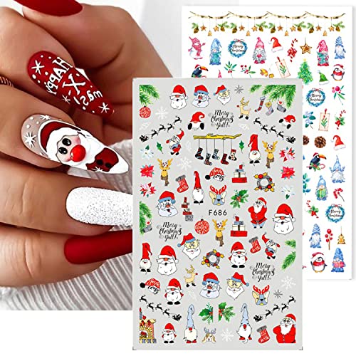 Christmas Nail Art Stickers Decals 3D Self Adhesive Winter Nail Stickers Decals Santa Claus Snowman Cute Cartoon Xmas Sliders for Nail Design Gel Decals Manicure Decor 5Pcs (A)