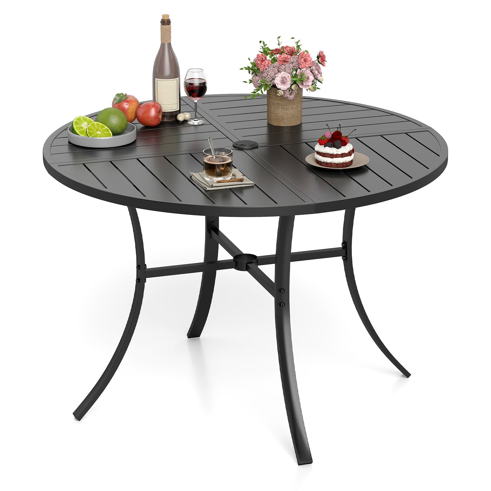 COSTWAY Gartentisch Metall, 108x108cm, wetterfester Terrassentisch mit Schirmloch, runder Balkontisch für 4 Personen, Outdoor-Esstisch für Garten, Terrasse, Balkon, Schwarz