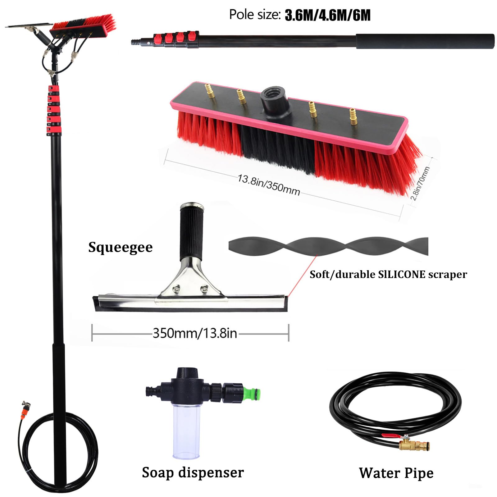 Genérico Cepillo para Ventanas telescópico de 3,6-6 m con pértiga, Kit de Limpieza, Equipo de Lavado de Paneles solares Extensible, Limpiador Extensible para techos de Invernadero (35 cm, 4