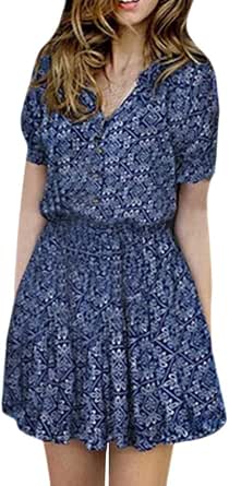 Vestido Casual De Verano DinyIn Para Mujer - Manga Corta, Color Azul Claro, Con Bolsillos