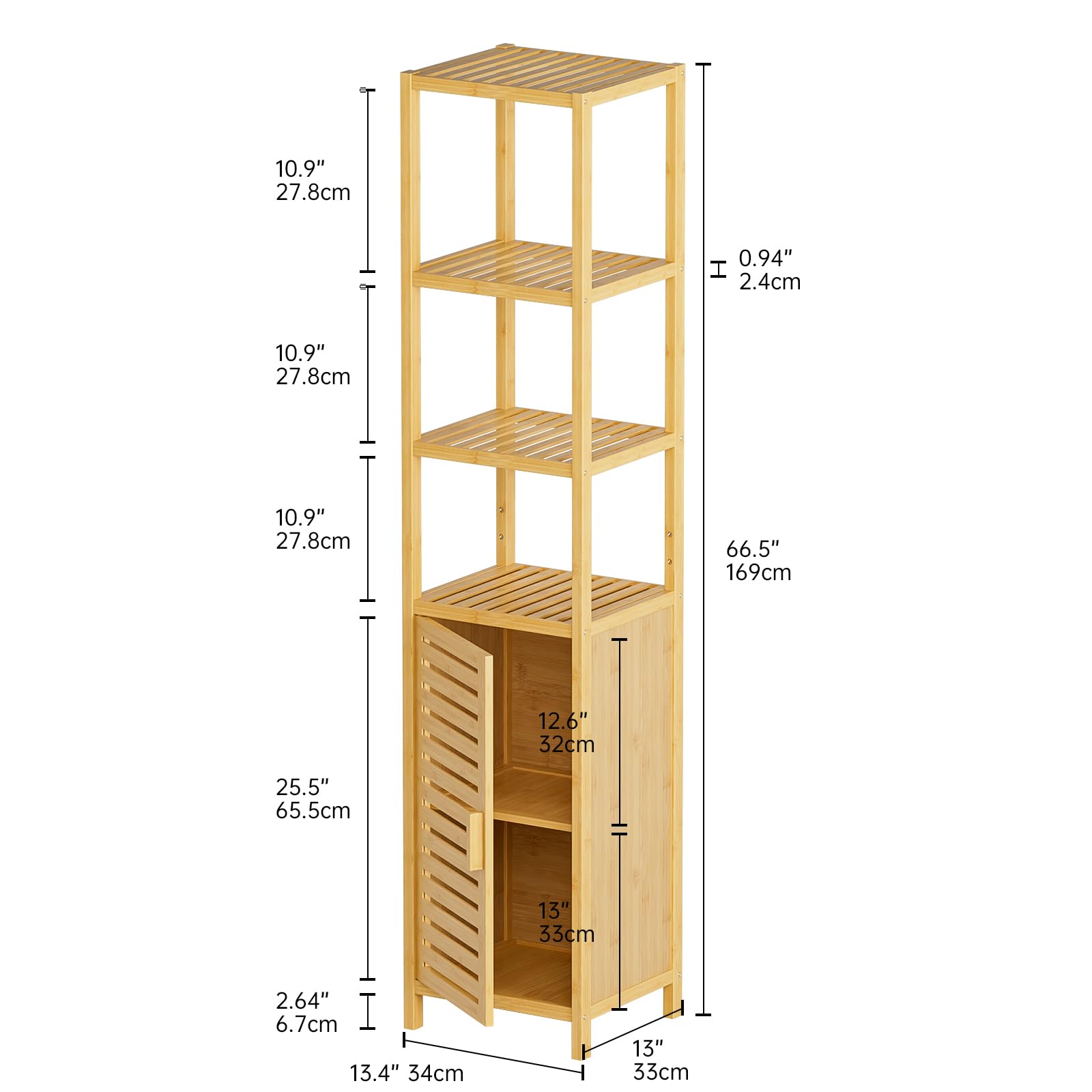 HITNET Mueble Columna Baño Estrecho, Armario Alto Baño Bambu, Gabinete de Almacenamiento con Estantes Ajustables y Compartimentos Abiertos, para Espacios Pequeños, Natural