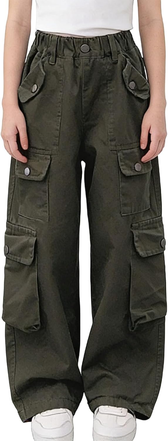 Boys Girls Wide Leg Casual Cargo Elastic Waist Stretchy Loose Workout Sweatpants for Kids 3-15 Years with Pockets