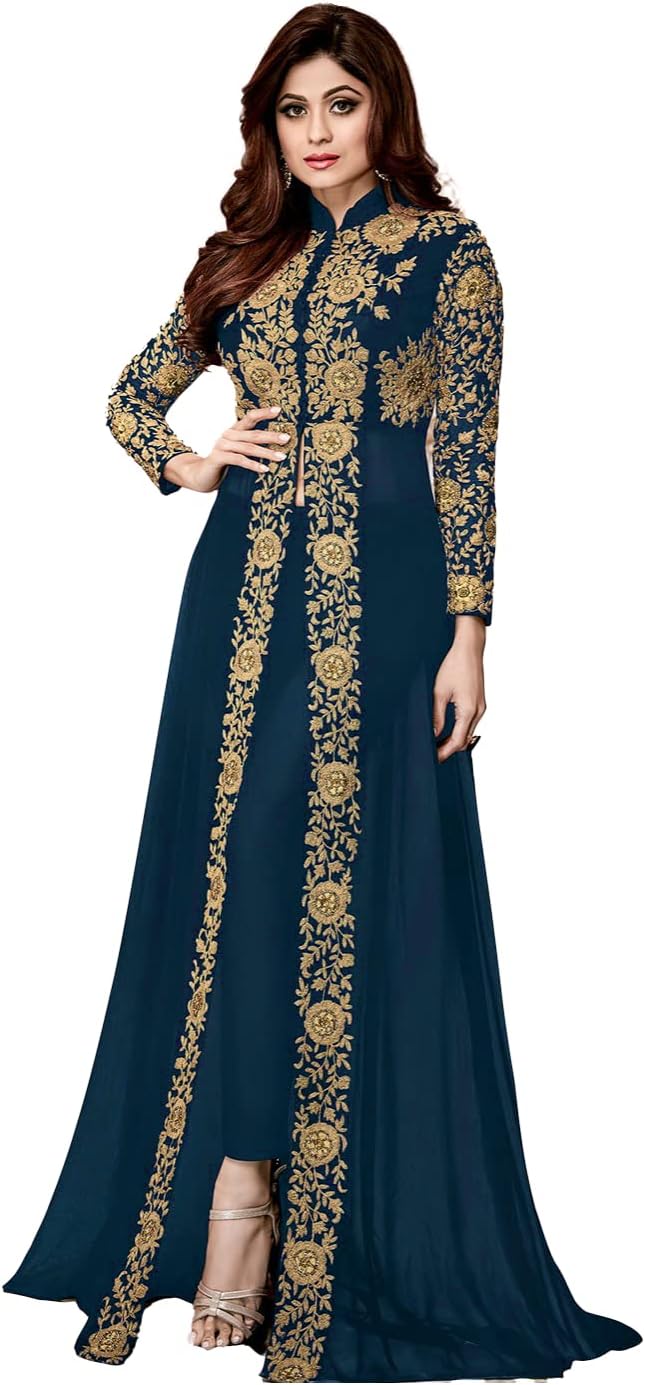 Florely Women's Embroidered Georgette Semi-Stiched Anarkali Gown with Dupatta(Codding)