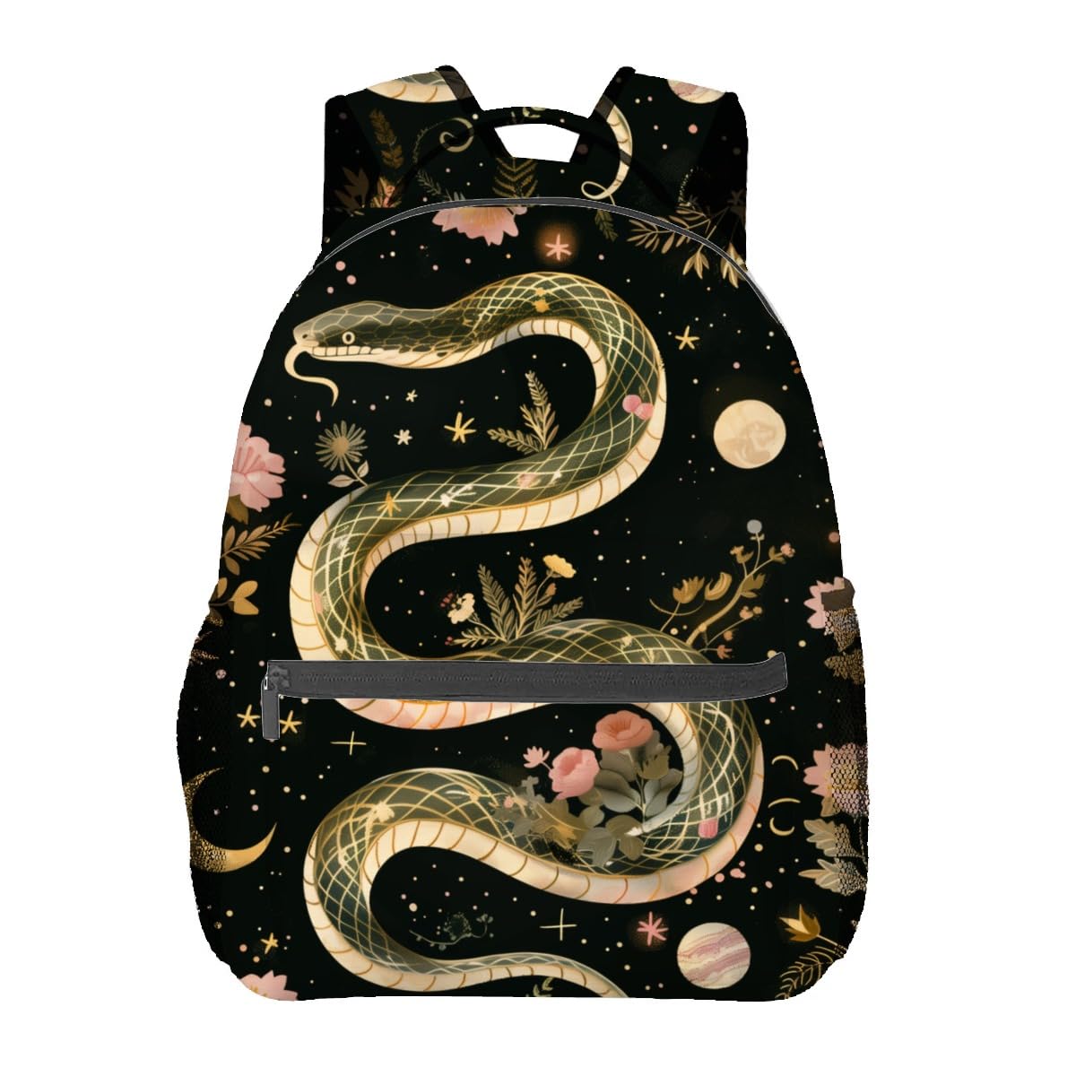 CUEBOS Snake Backpack, Polyester Laptop Bag, Moon Star and Botanical Floral Backpacks, Mystical Dark Art Back Pack, Rucksack Gifts for Animal Lover,