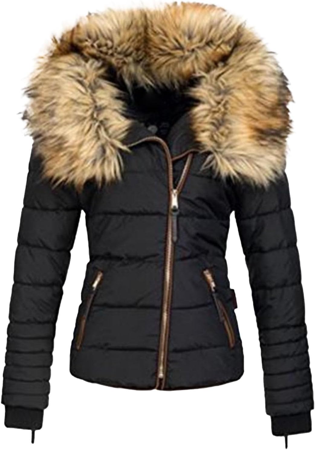 Women Casual Faux Fur Lapel Zip Pockets Quilted Parka Jacket Puffer Coat Warm Winter Coat Outerwear with Pockets 2025