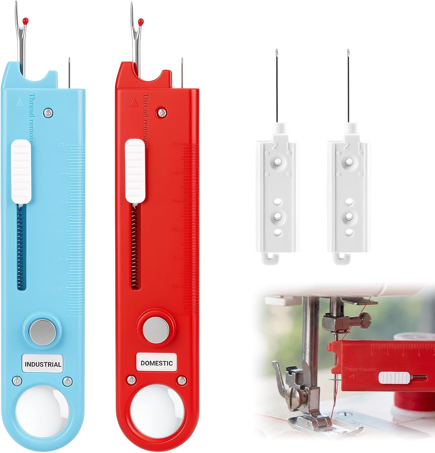 Sewing Machine Needle Threader, 5 in 1 Automatic Quick Threading Tool, Multifunctional Stitch Insertion Seam Guide with Seam Rippers for Quilting Alterations Tailoring(2 Pack,Red/Blue)