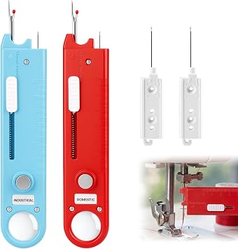 Sewing Machine Needle Threader, 5 in 1 Automatic Quick Threading Tool, Multifunctional Stitch Insertion Seam Guide with Seam Rippers for Quilting Alterations Tailoring2 Pack,Red/Blue