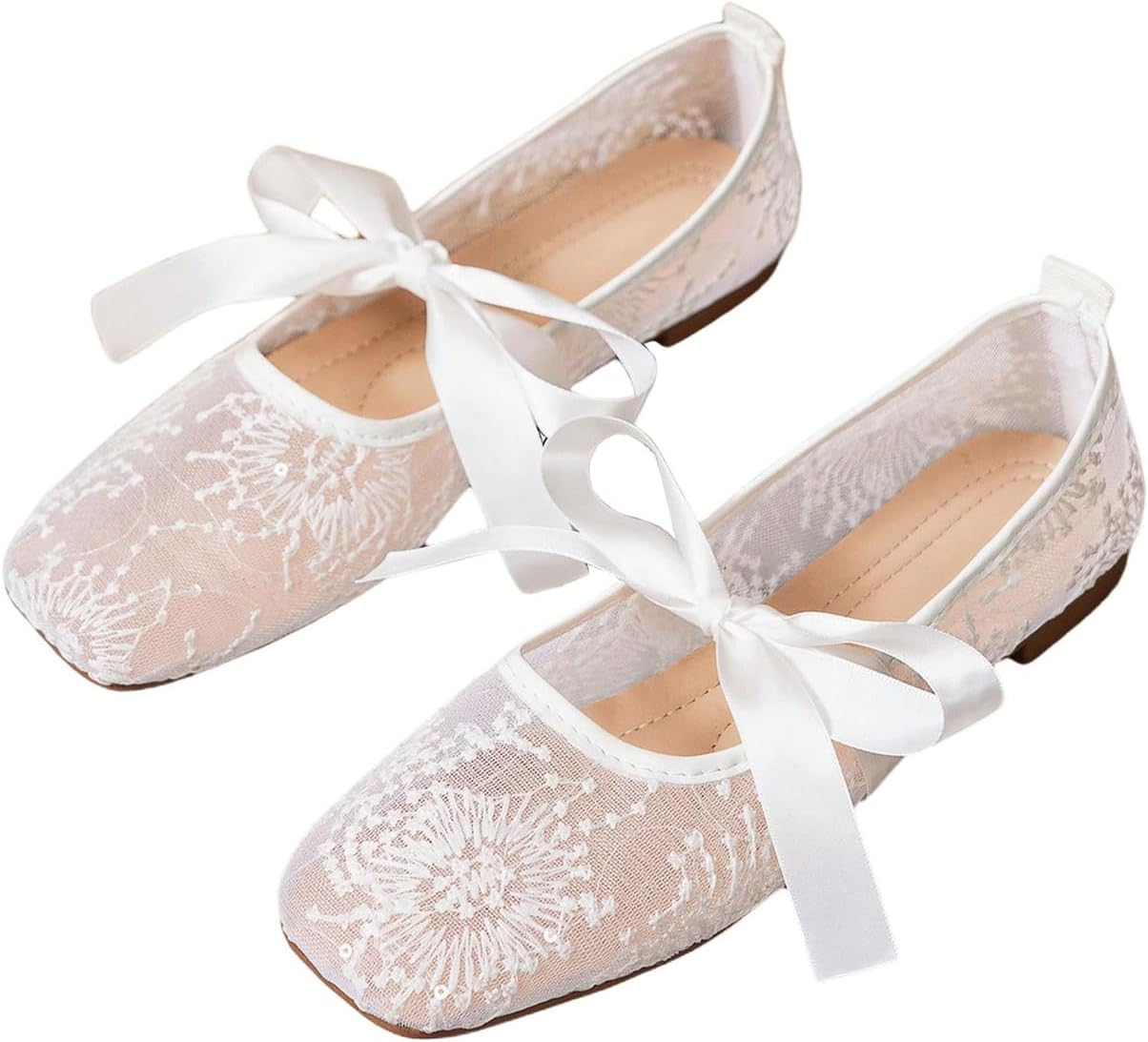 GORGLITTER Women's Floral Lace Mesh Ballet Flats Comfortable Dressy Square Closed Toe Bow Ballerina Dress Shoes