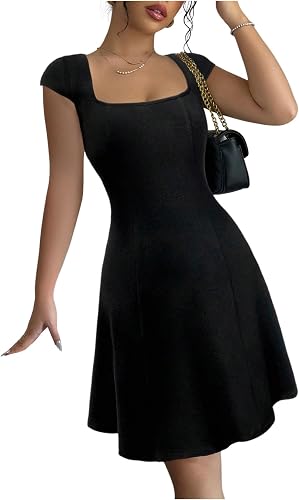 SOLY HUX Women's Summer Dress Square Neck Cap Sleeve A Line Flared Short Dresses