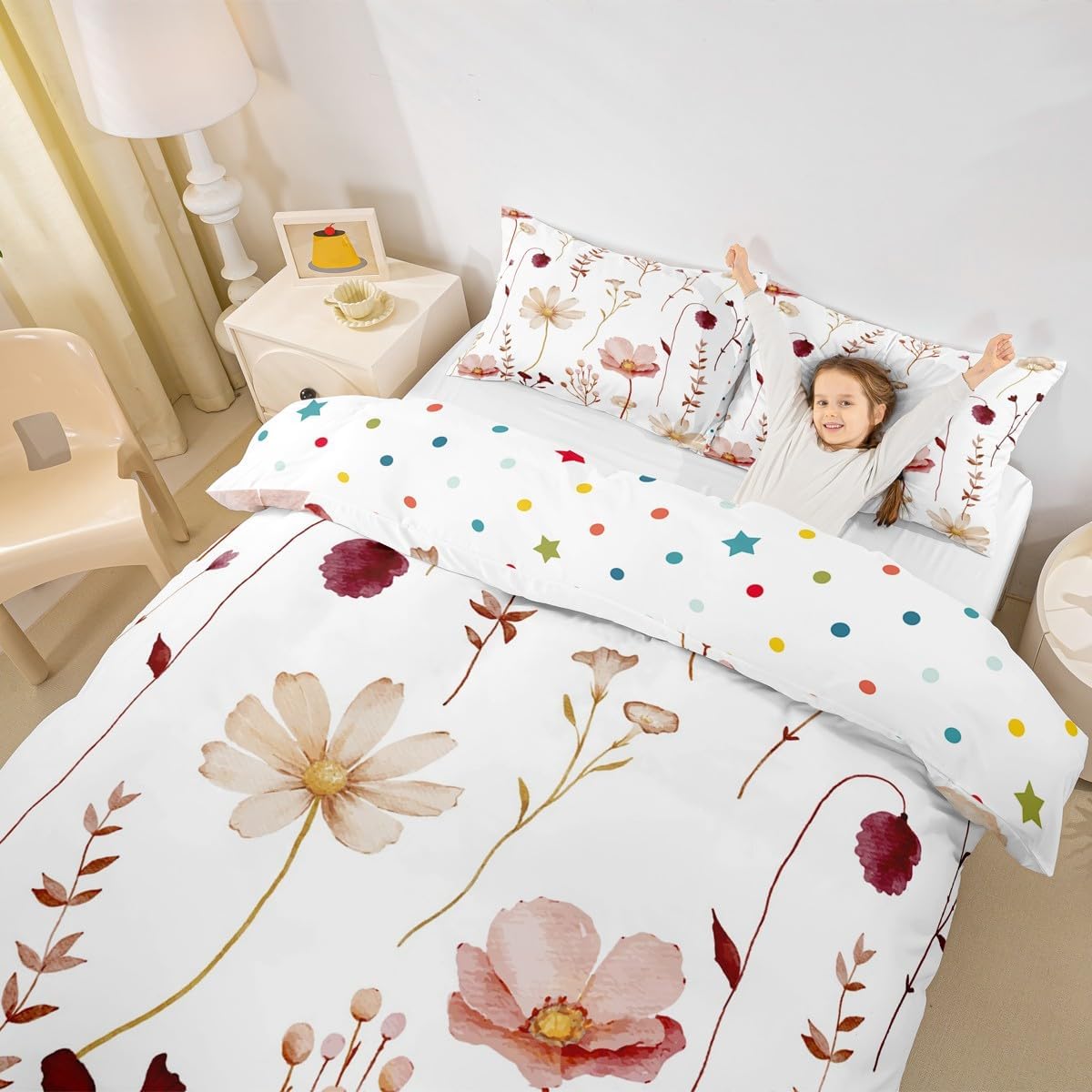 Erosebridal Watercolor Floral Comforter Cover Queen Size, Red Beige Flower Duvet Cover for Girls Teens Adult Women Bedroom, Modern Minimalist White Bedding Set Pastoral Branches Aesthetic Quilt Cover