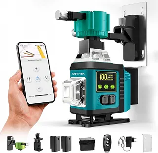Nível a Laser 16 Linhas Verde 4D 360° Autonivelante, Modo Manual e Pulso, Controle Remoto com APP, Base Magnética, 2 Baterias de Lítio 2400mAh, IP54, Azul