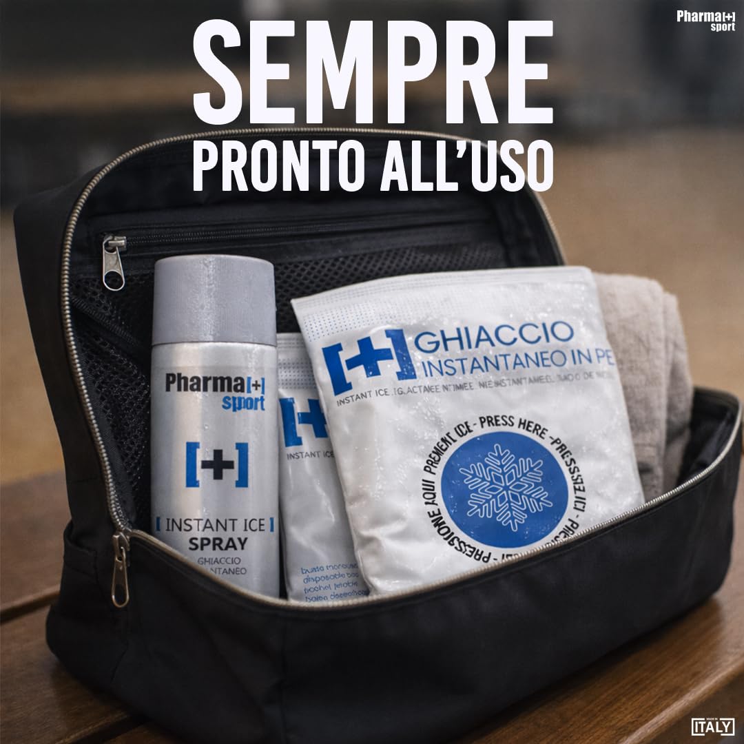 PHARMA+SPORT Kit Ghiaccio Sportivo 10+2 Ghiaccio Istantaneo Monouso + Ghiaccio Spray 400ml – Primo Soccorso per Traumi, Distorsioni, Contusioni – Made in Italy