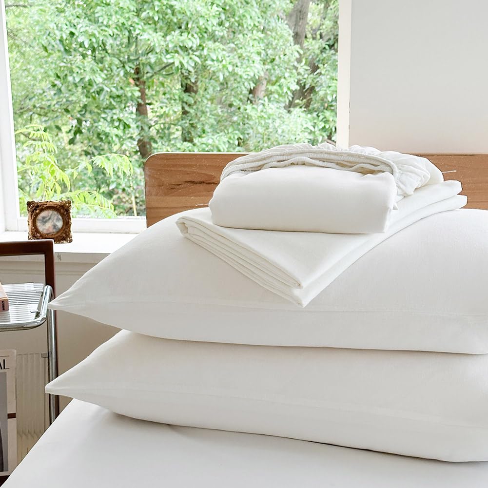 NSNLGSGC 100% French Linen Sheets Queen Size, 4 Piece Pure Linen Bed Sheet Set, Breathable, Cooling & Durable, Soft Washed Natural Flax Bedding with 16 Inch Deep Pocket, All Season Use(Queen, White)