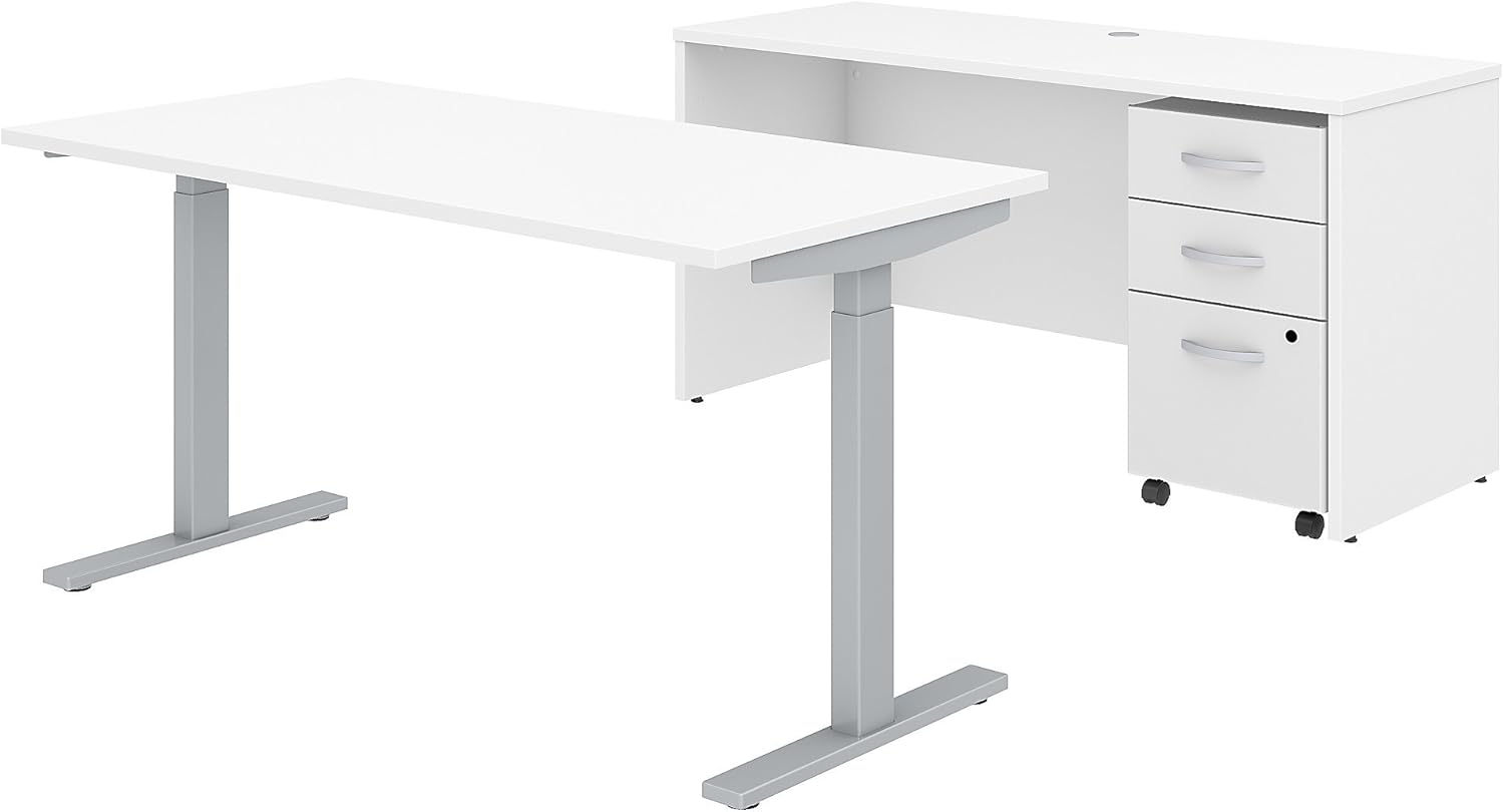 Bush Business Furniture Studio C 60W x 30D Height Adjustable Standing Desk, Credenza and Mobile File Cabinet in White