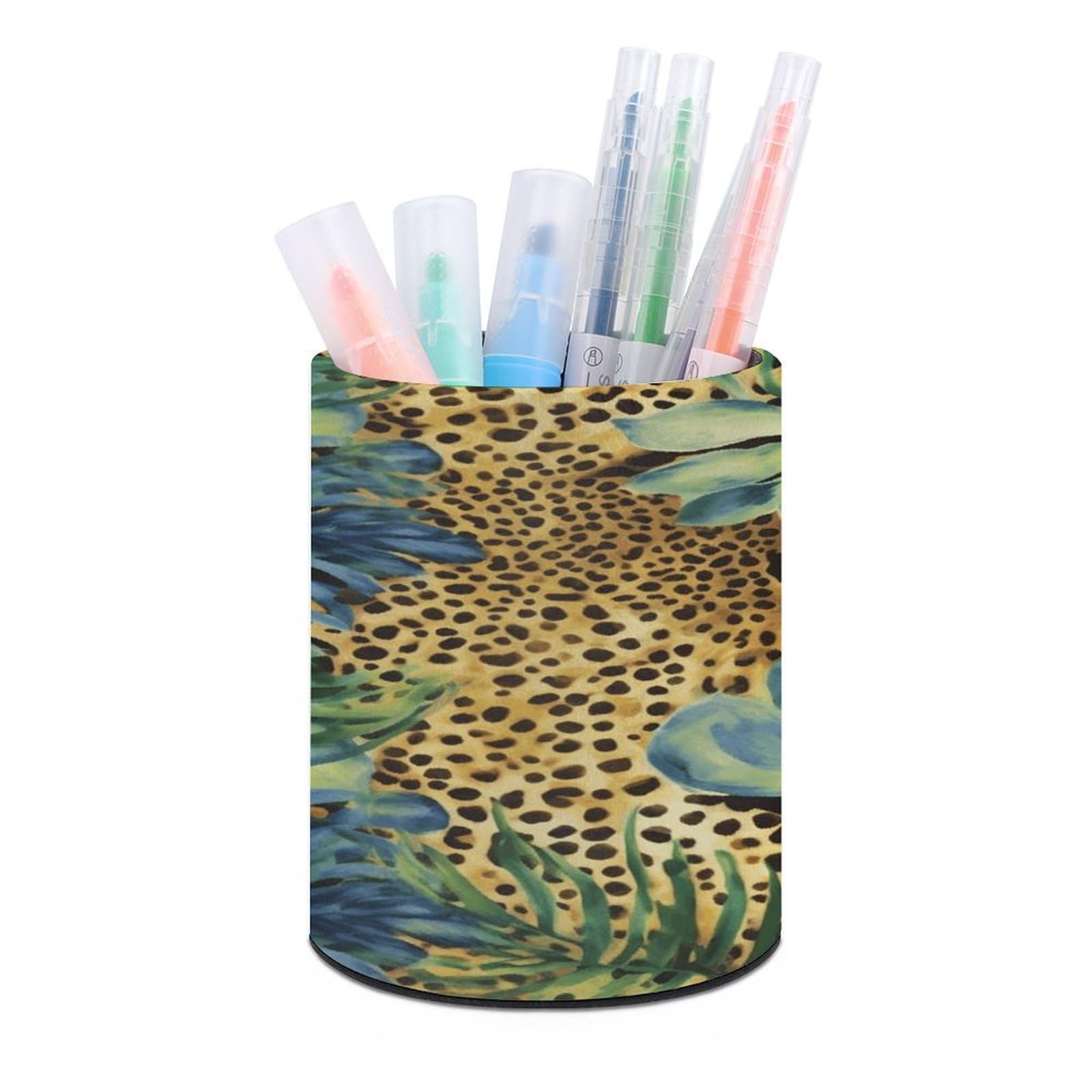 VstaDank Print Animal Leopard Print Jungle Pen Holder PU Leather Pencil Cup Minimalist Desk Pencil Holder Round Make Up Brush Organizers For Office Dorm Room&Vanity Desk Accessories