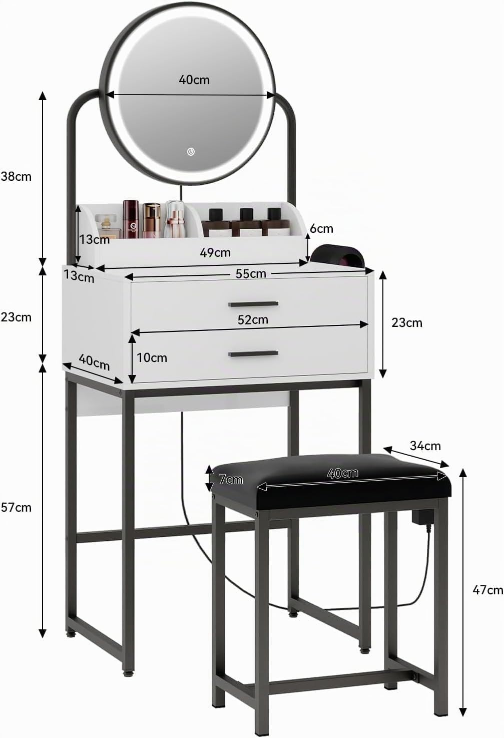 YU YUSING Toeletta Trucco con Sgabello Comodo, Scrivania Trucco con Specchio con Luce, Tavolo da Trucco con 2 Cassetti e 2 Ripiani, Set Toeletta Moderno per Camera da Letto, Bianco e Nero