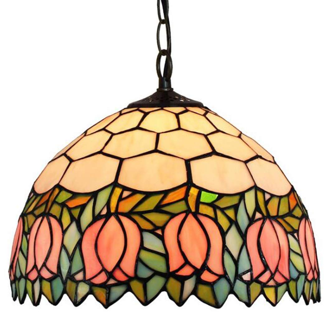 LONGSAND 12 Inches Tiffany Style Tulip Hanging Lamp Handmade Stained Glass Chandelier American Retro Pastoral Floral Lighting Fixtures for Living Room Dining Room Bedroom Decoration,Pink