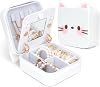 Cute Cat Travel Jewelry Case with Mirror, Silicone Portable Small Mini Jewelry Organizer Box for Women Girls Mom, Wedding, Birthday Gift - White