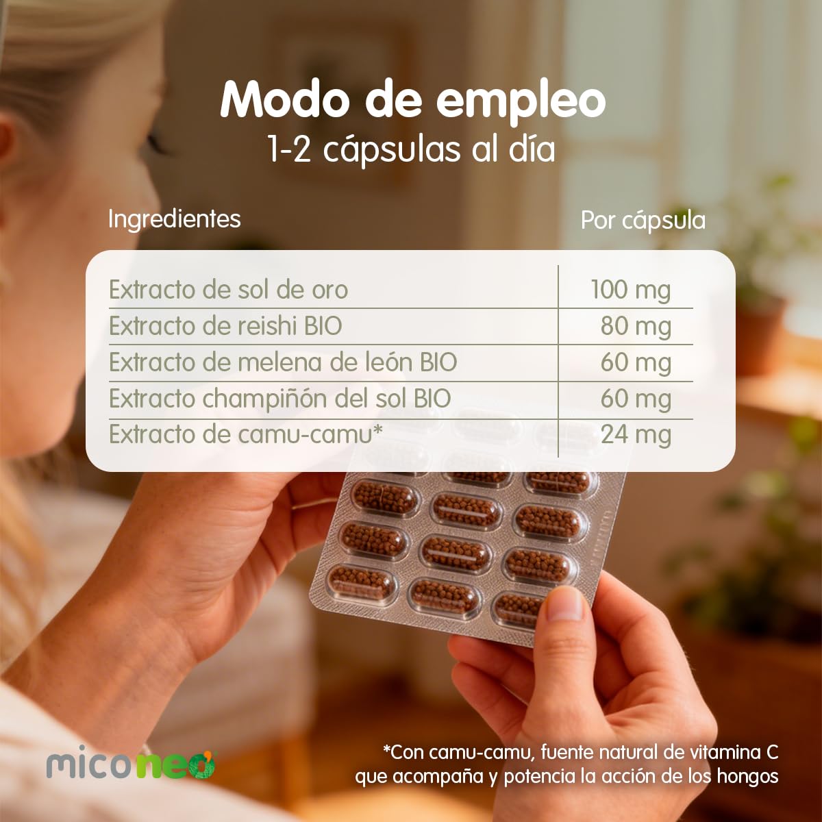 MICO NEO | ALR | 60 Cápsulas | Ayuda contra los Síntomas de Alergias Estacionales | Reduce la Tos | A Base de Sol de Oro, Reishi, Champiñón del Sol, Melena de León y Camu Camu