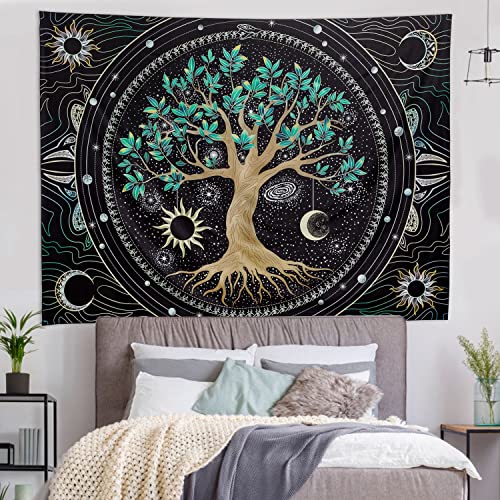 Image of FLY SPRAY Aesthetic Tree of Life Tapestry Trippy Wall Tapestry Hippie Sun Moon Star Galaxy Space Tapestries Forest Wall Hanging Decor Vibrant Nature Home Decoration for Bedroom, Living Room, Dorm