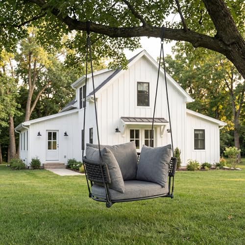 Image of Single Seater Porch Swing, Macrame Hanging Swing Chair Outdoor, Hammock Chairs for Adults, Outdoor Patio Swings with Cushions, Rope Rattan Hanging Chairs, Reading Nook Chair for Bedroom, Grey