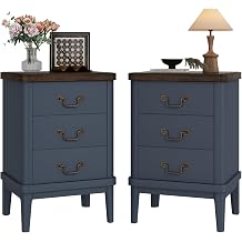 Wnutrees Farmhouse Nightstand with 3 Drawers, Modern Bedside Table, Blue | Wood End Side Unit with Round Curved Corner and Metal Handles, Set of 2 Nightstands for Living Room, Hallway