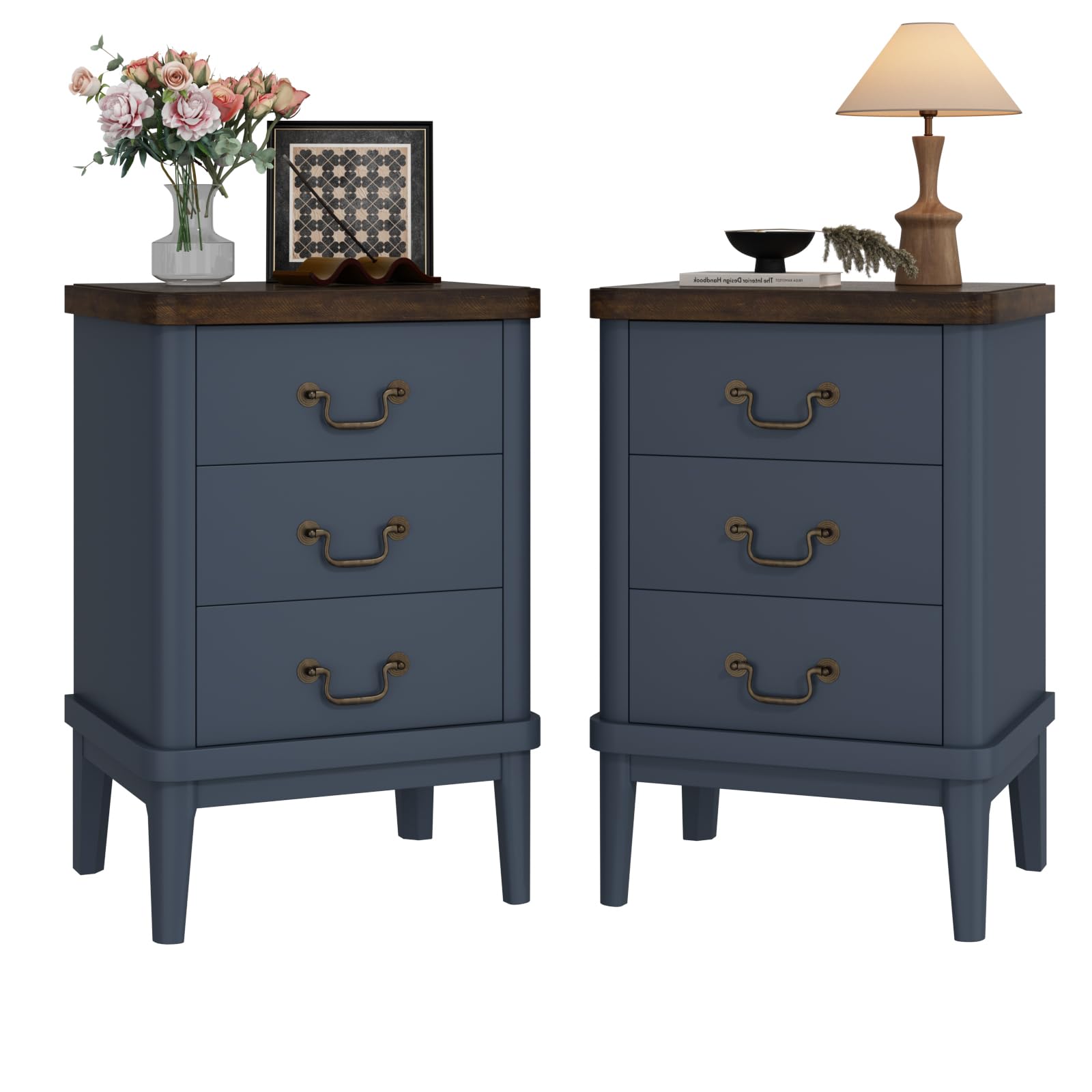 Wnutrees Farmhouse Nightstand with 3 Drawers，Modern Bedside Table with Round Curved Corner and Metal Handles, Wood End Side Table for Living Room,