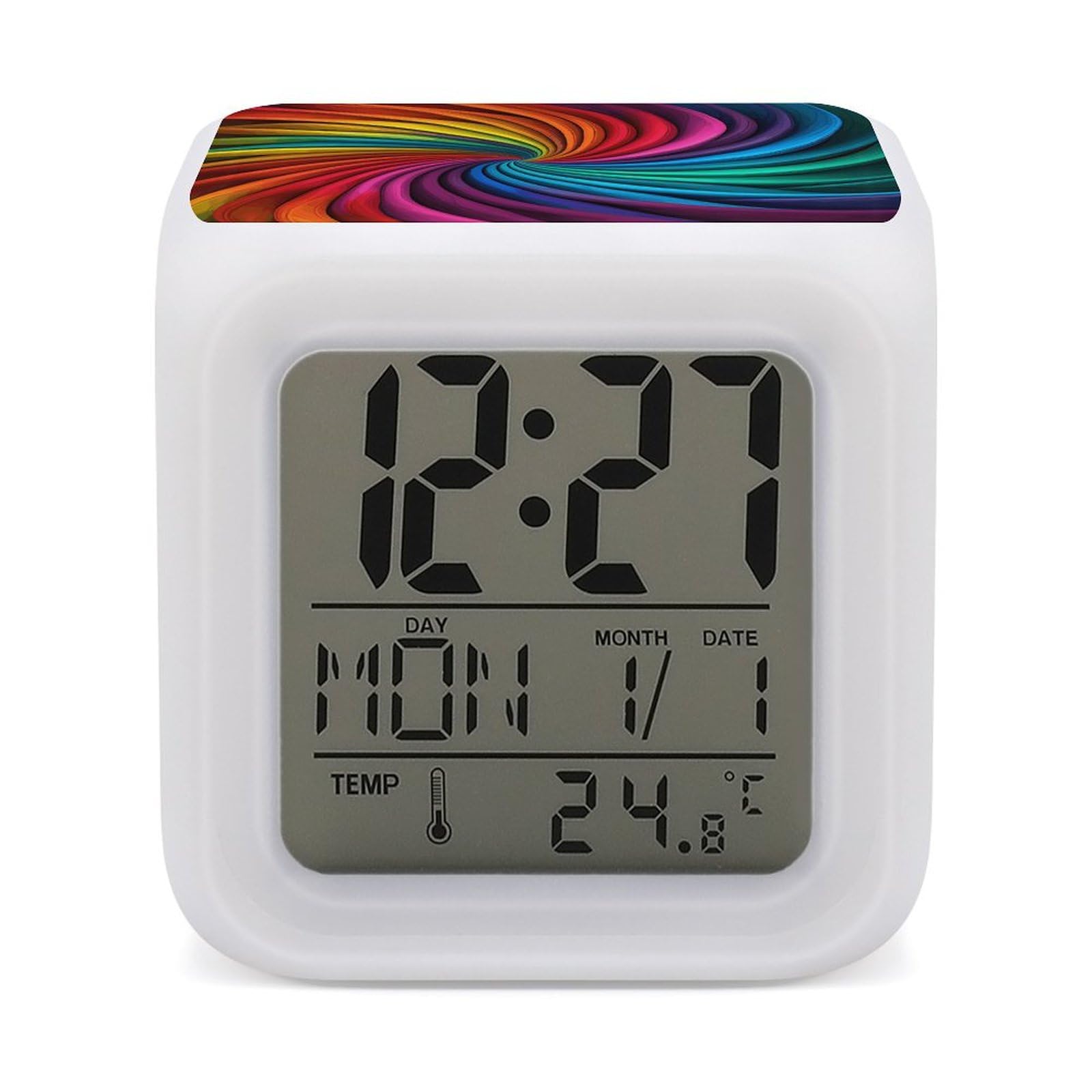 JTREHY 7 Color Changing LED Digital Alarm Clock,Rainbow Stripe Pattern Printed Wake-up Clock with Temperature Display Home Decoration Alarm Clock for Bedroom Office