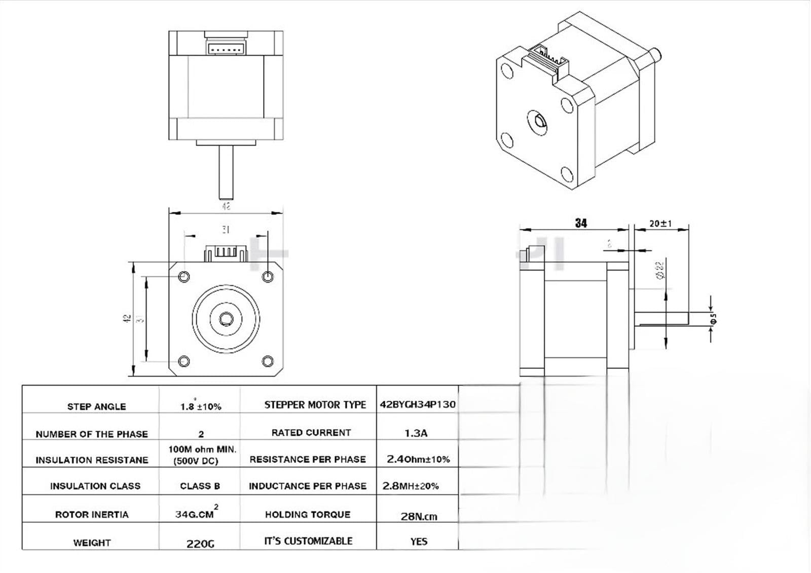 2-teiliges Set Nema 17 Schrittmotor 1,8 Grad 17HS3401S 4 Leitungen 2 Phasen,3 A Drehmoment 28 N.m for CNC 3D-Drucker 12 V Schrittmotor