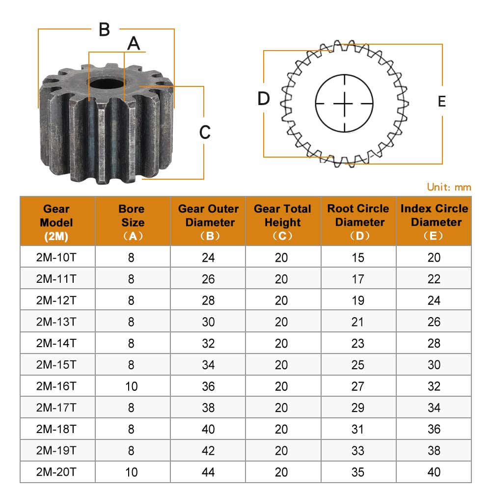 Sostituzione cuscinetti Ingranaggio piatto 2M-10/11/12/13/14/15/16/17/18/19/20T SC45# Ingranaggio cilindrico in acciaio al carbonio Altezza 20 mm Denti di tempra ad alta frequenza(2M16T - Bore 10 mm)