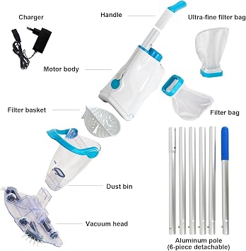Handheld Pool Vacuum Cleaner, Rechargeable Pool Bottom Cleaner with Strong Suction, 1 H Runtime, 89 inchs Extension Pole,for Above Ground/Inground Pools, Spas and Hot Tubs, White