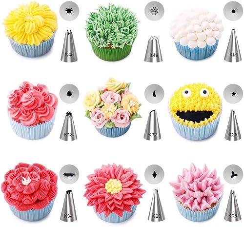 Miniatura 7 de Juego de 42 bolsas de tuberías y 42 piezas de bolsa de tuberías y boquillas para cupcakes y galletas, incluye 2 bolsas de tuberías reutilizables,