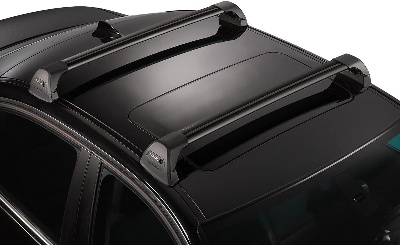 Yakima Flush Bars installed on the roof of a black car, viewed d'en haut.