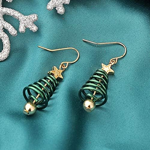 Christmas Tree Earrings for Women, Festive Drop Earrings, Xmas Jewellery Presents for Girls, Spiral Earrings, Green & Gold