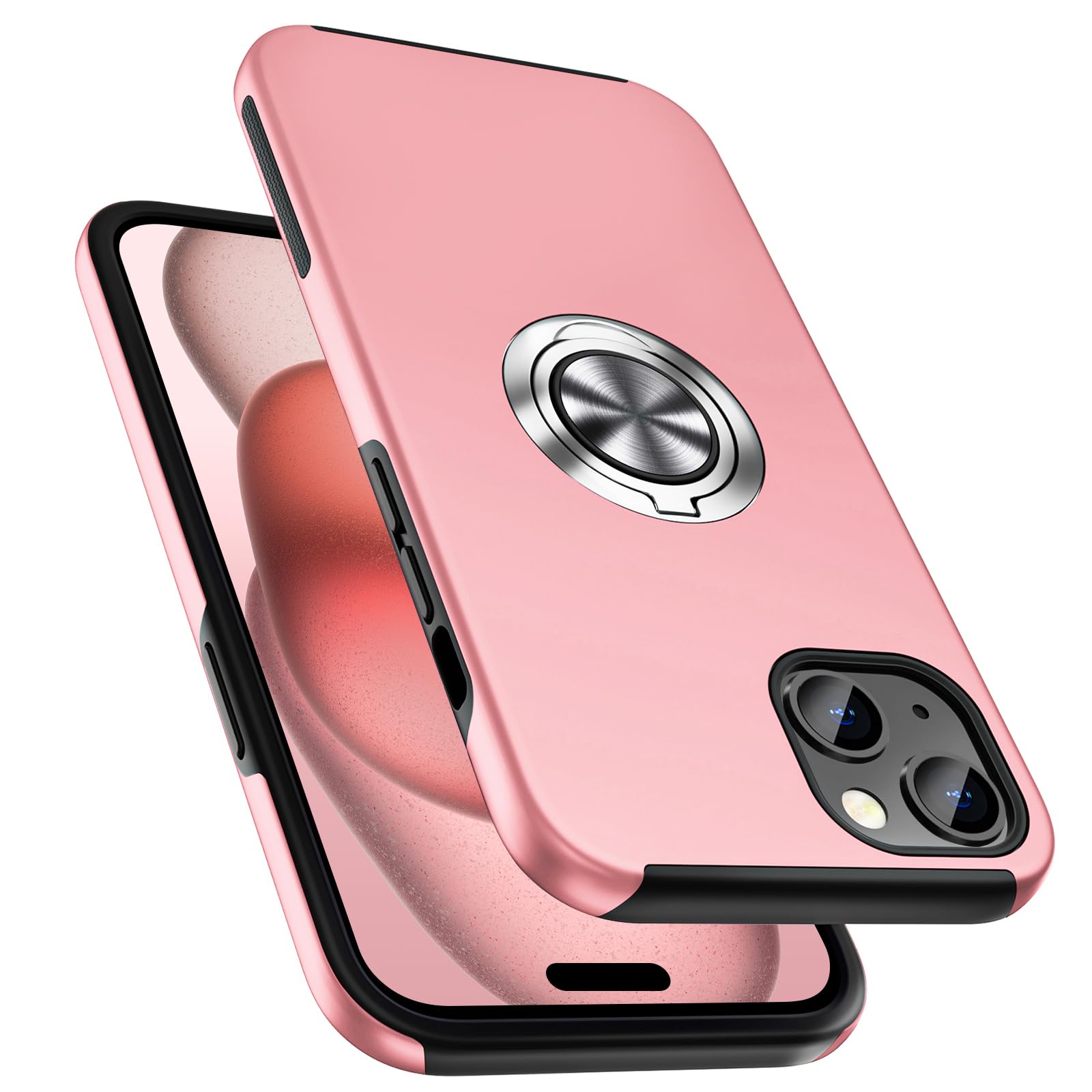 PELEPUES Shockproof Case for iPhone 15 6.1 inch, [Embedded Finger Ring] Military Grade Phone Case Cover with Reinforced Metal Stand Kickstand [Support