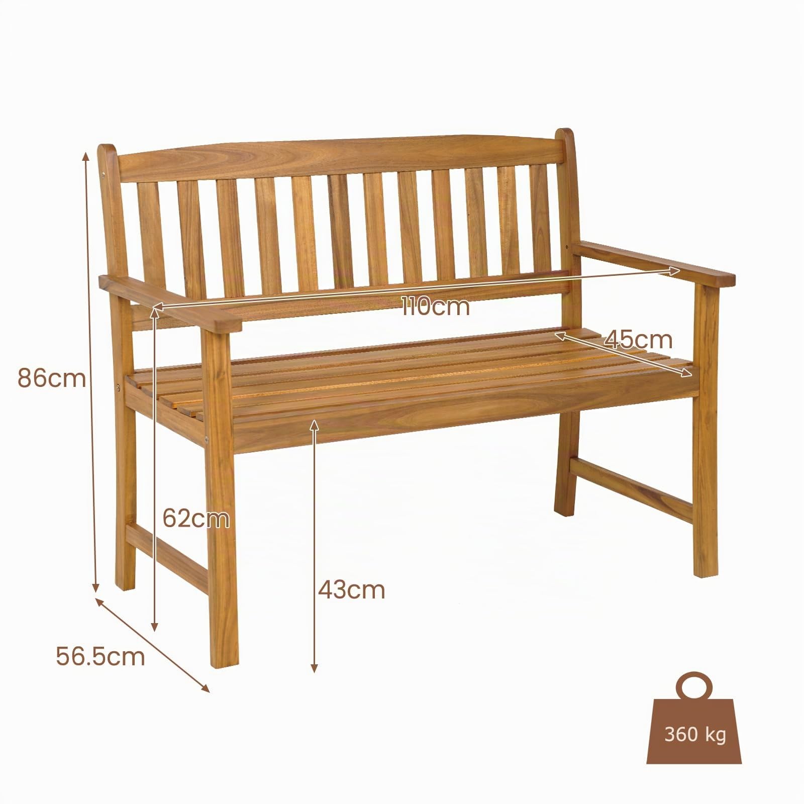 KOMFOTTEU 2 Sitzer Gartenbank, Sitzbank aus Akazienholz, Außenbank mit Rückenlehne und Armlehnen, Parkbank bis 360 kg belastbar für Balkon Garten Terrasse, Natur (110x56,5x86cm)