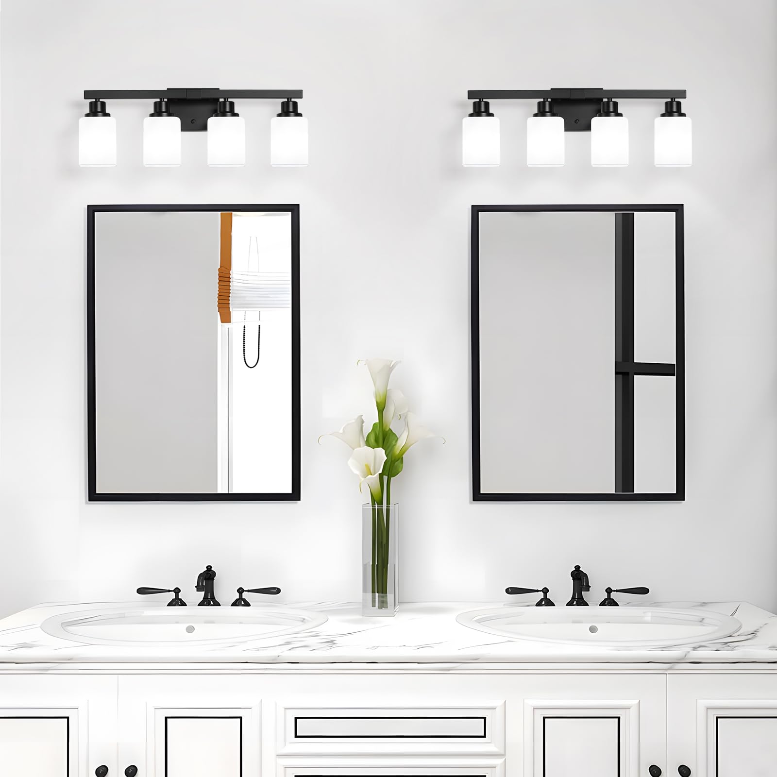 4-Light Bathroom Vanity Light Modern Matte Black Bathroom Light Fixtures with Square Frosted Glass Wall Sconces fixtures Over — view 7