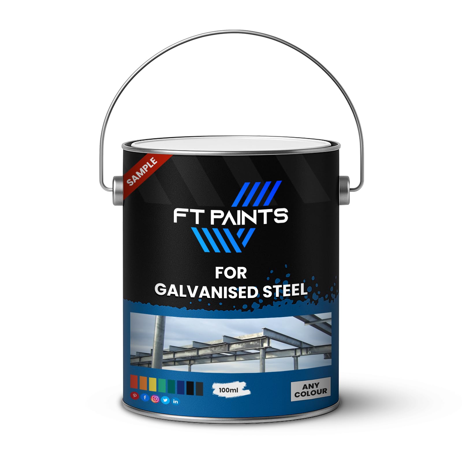 FT Paints Sample 100ml 1K Metal Satin Paint For Galvanised Steel- RAL 9005-Jet Black
