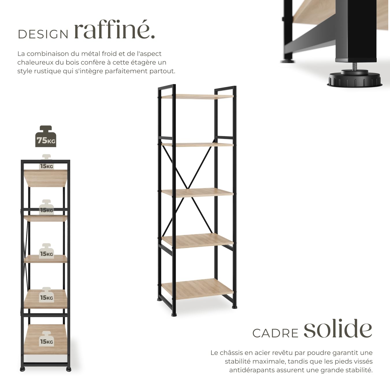 tectake® Étagère Bibliothèque Colonne Meuble de Rangement à 5 Niveaux Meuble Industriel Moderne Structure en Acier et en Bois MDF pour Rangement Bureau, Salon,Cuisine, Chambre, Dressing