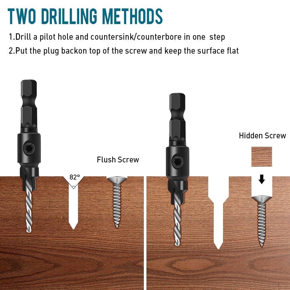 Juego de 5 brocas avellanadoras para carpintería, 1/4" HSS con avellanador, para tornillos #5-12, con llave en L