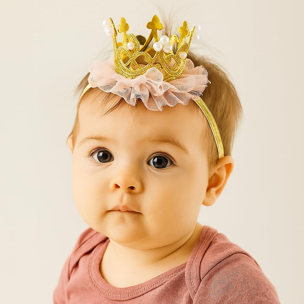 Nishine Princess Toddler Girls Crown Tiaras Baby Elastic Birthday Party Crown Headband Photo Props Gift (Pear&Gold) - Image 2