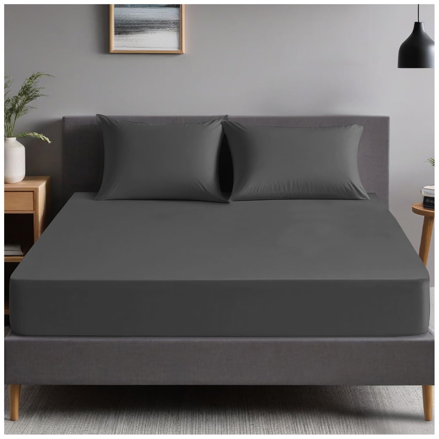 Gc Gaveno Cavailia Charcoal Polycotton Plain Fitted Bed Sheets, Double