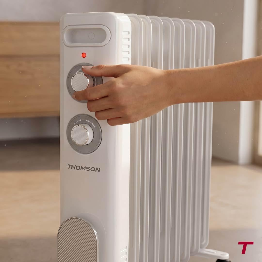 THOMSON - Mobiler Ölradiator CALISTA 2000W weiß, Kippschutz und Überhitzungsschutz, mit einstellbarem Thermostat, leise, mit Rollen