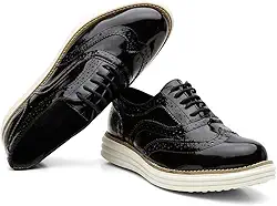 Sapato Oxford Feminino Verniz Com Cadarço Casual Salto Baixo Palmilha EVA